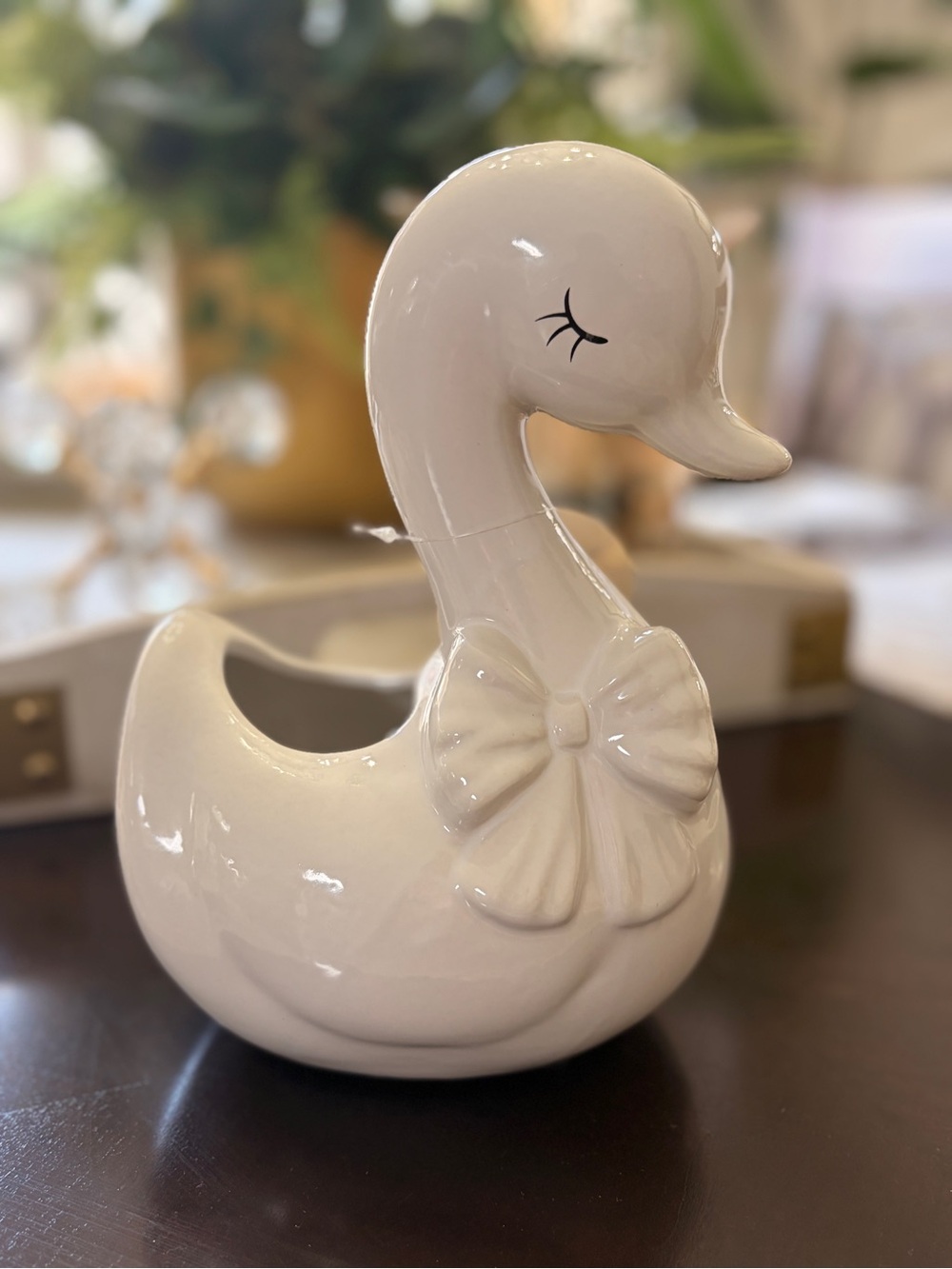 White Ceramic Swan Planter with Bow - 6” x 4”